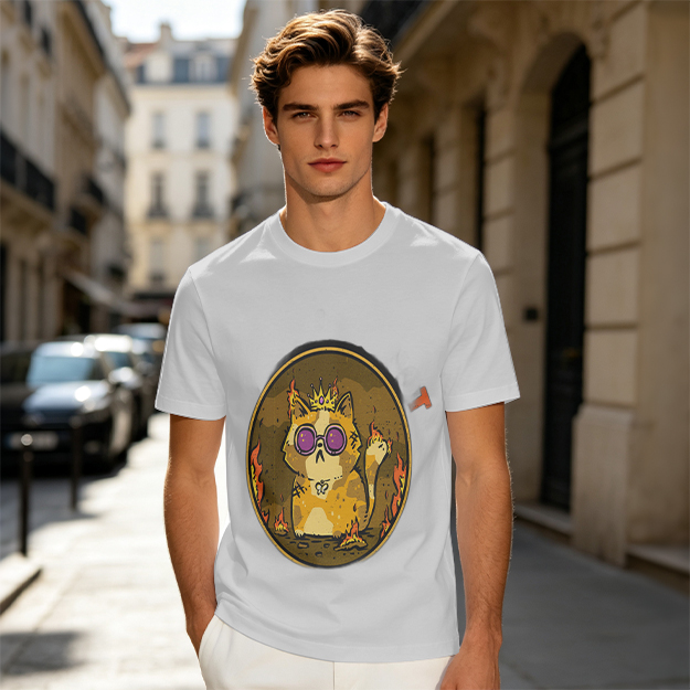 Olive T-Shirt With Flaming Royal Cat Wearing Sunglasses Print