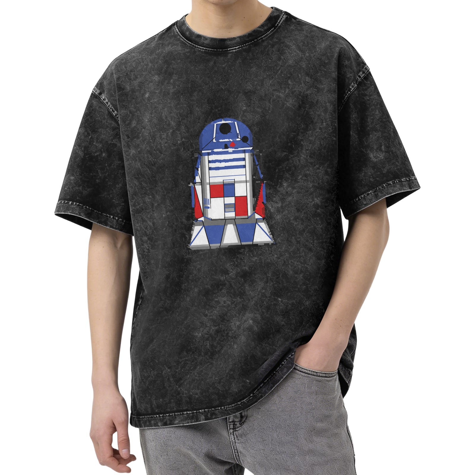 Washed Black T-Shirt with R2-D2 Graphic Print