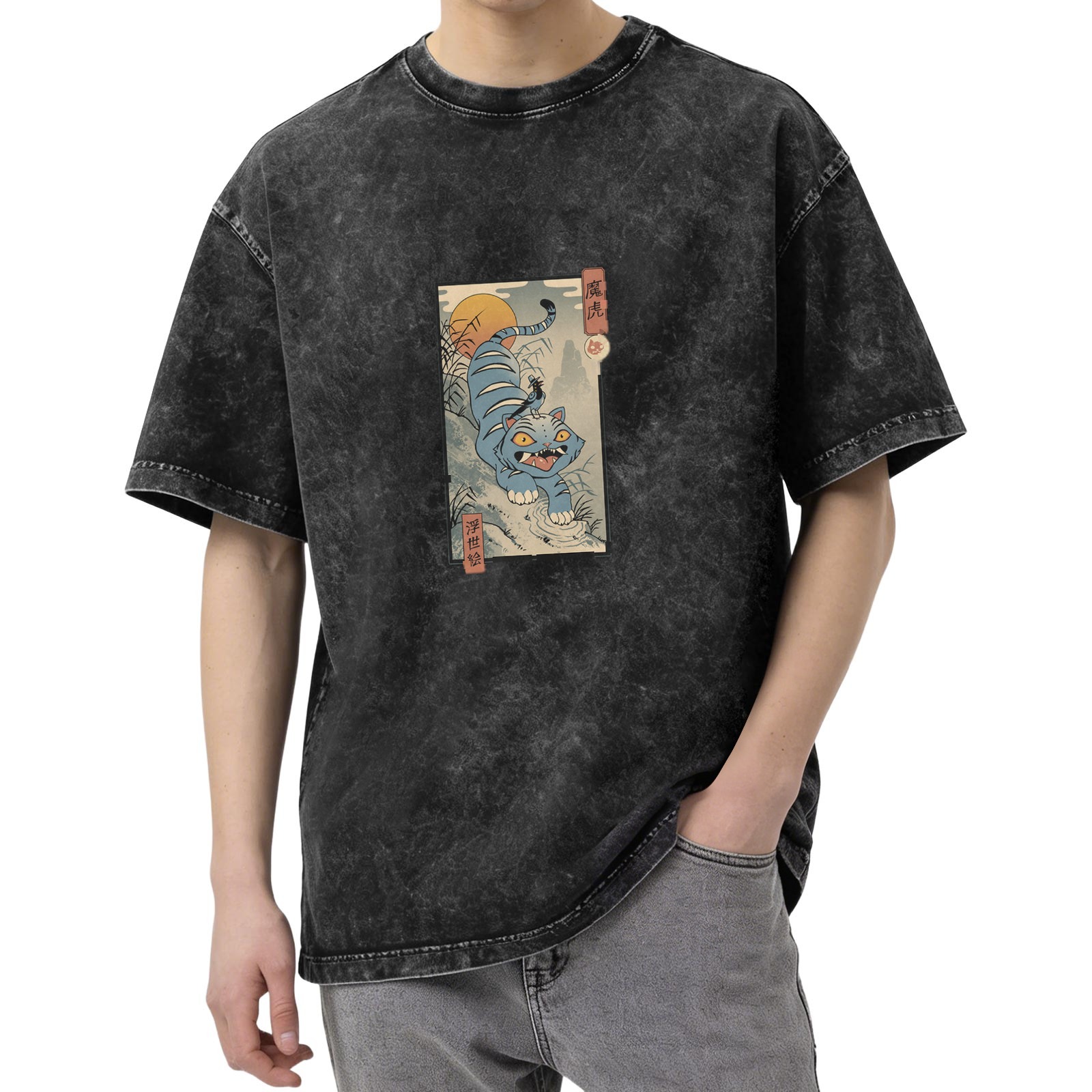 Washed distressed black loose short-sleeved T-shirt Ukiyo-e style blue tiger pattern printed top