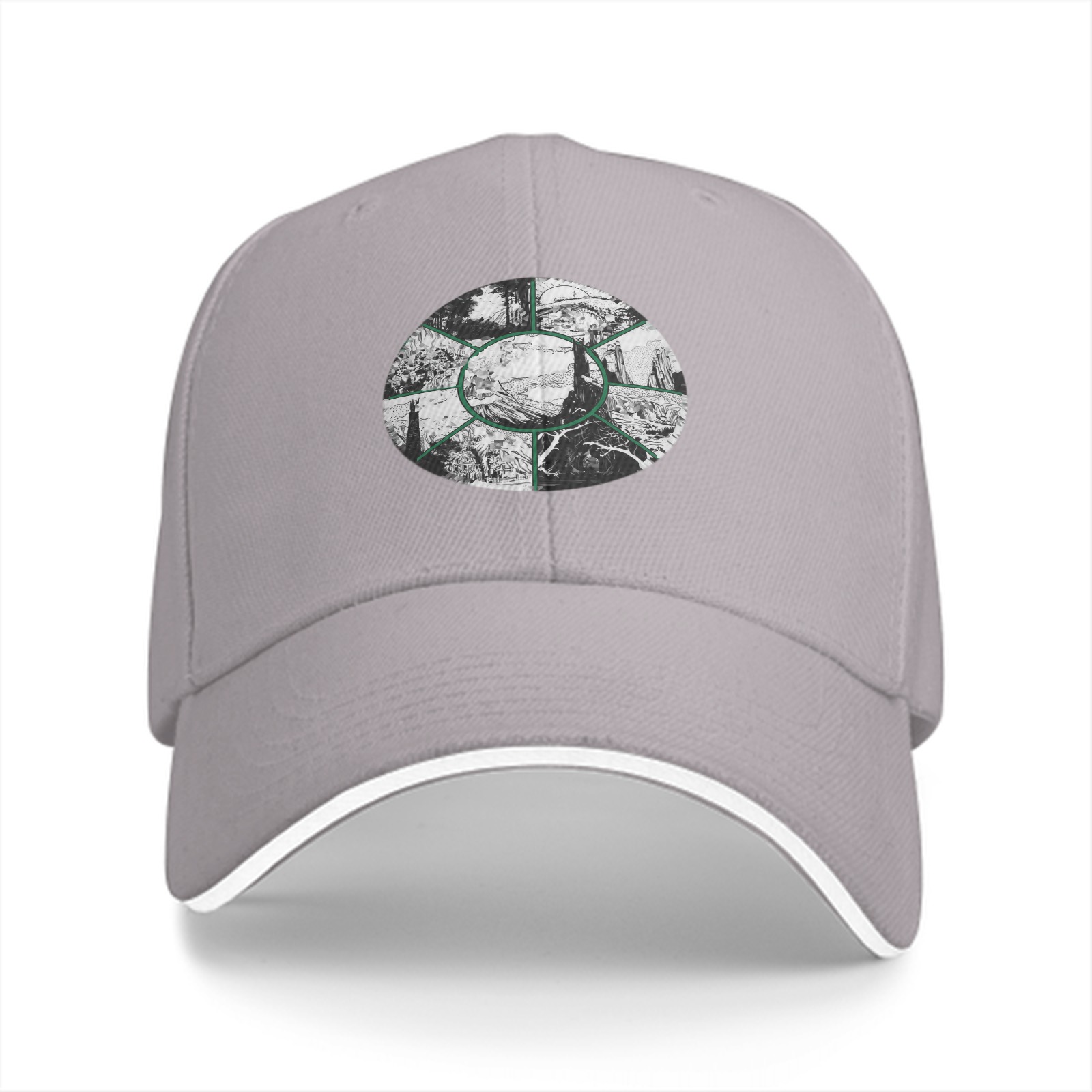 Black Baseball Cap With Circular Nature Landscape Graphic