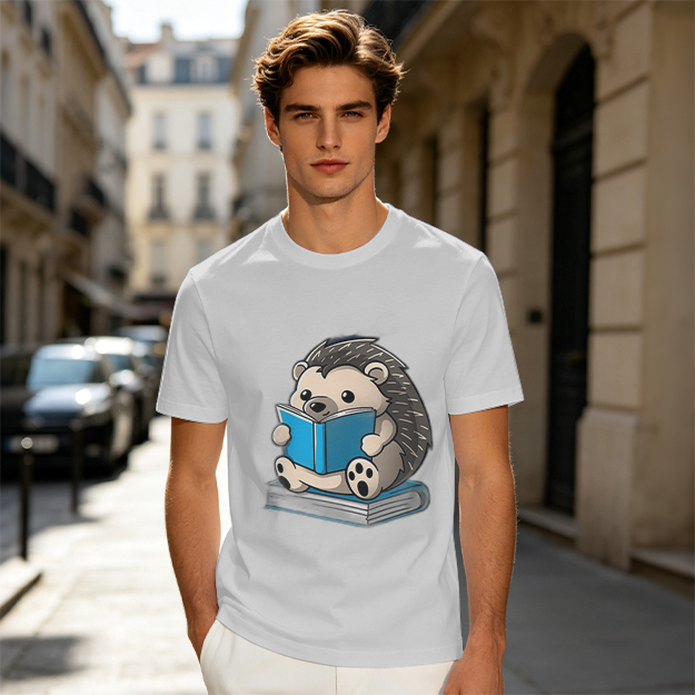 Olive T-shirt with Cute Hedgehog Reading a Book Graphic