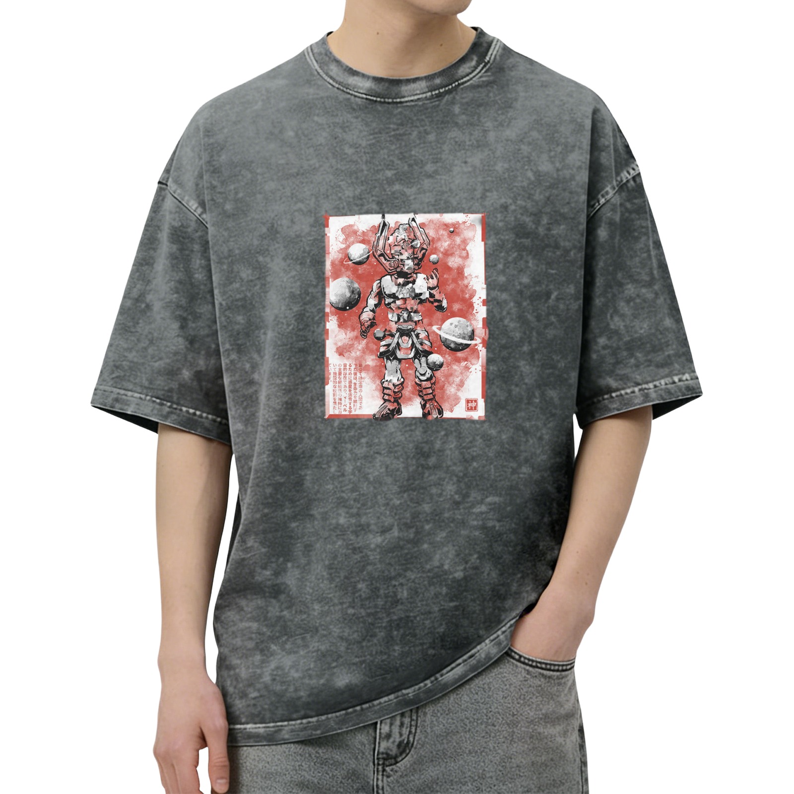 Oversized Acid Wash T-Shirt With Samurai Robot Space Art Print
