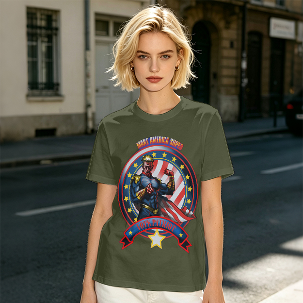 Olive t-shirt with patriotic superhero 'Make America Super' graphic