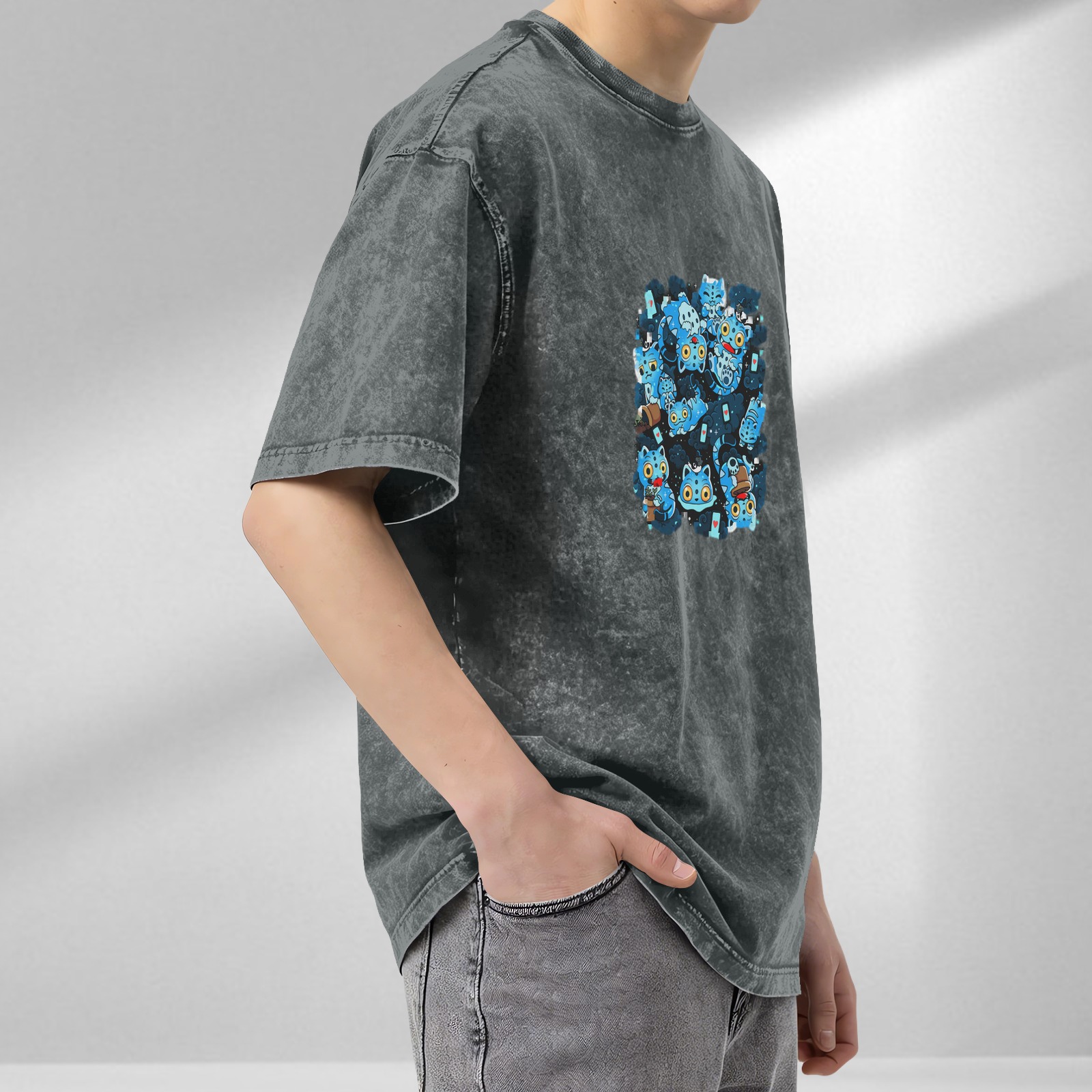 Oversized Vintage Wash Black T-Shirt with Blue Cute Cat Graphic Print