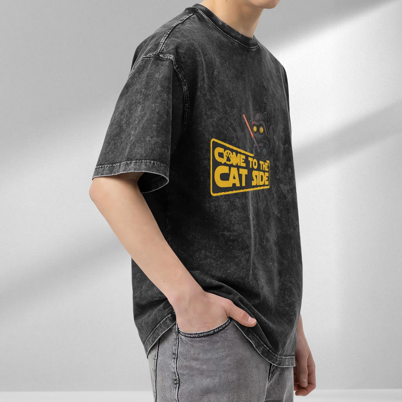 Come to the Cat Side Star Wars Parody Acid Wash Graphic T-Shirt