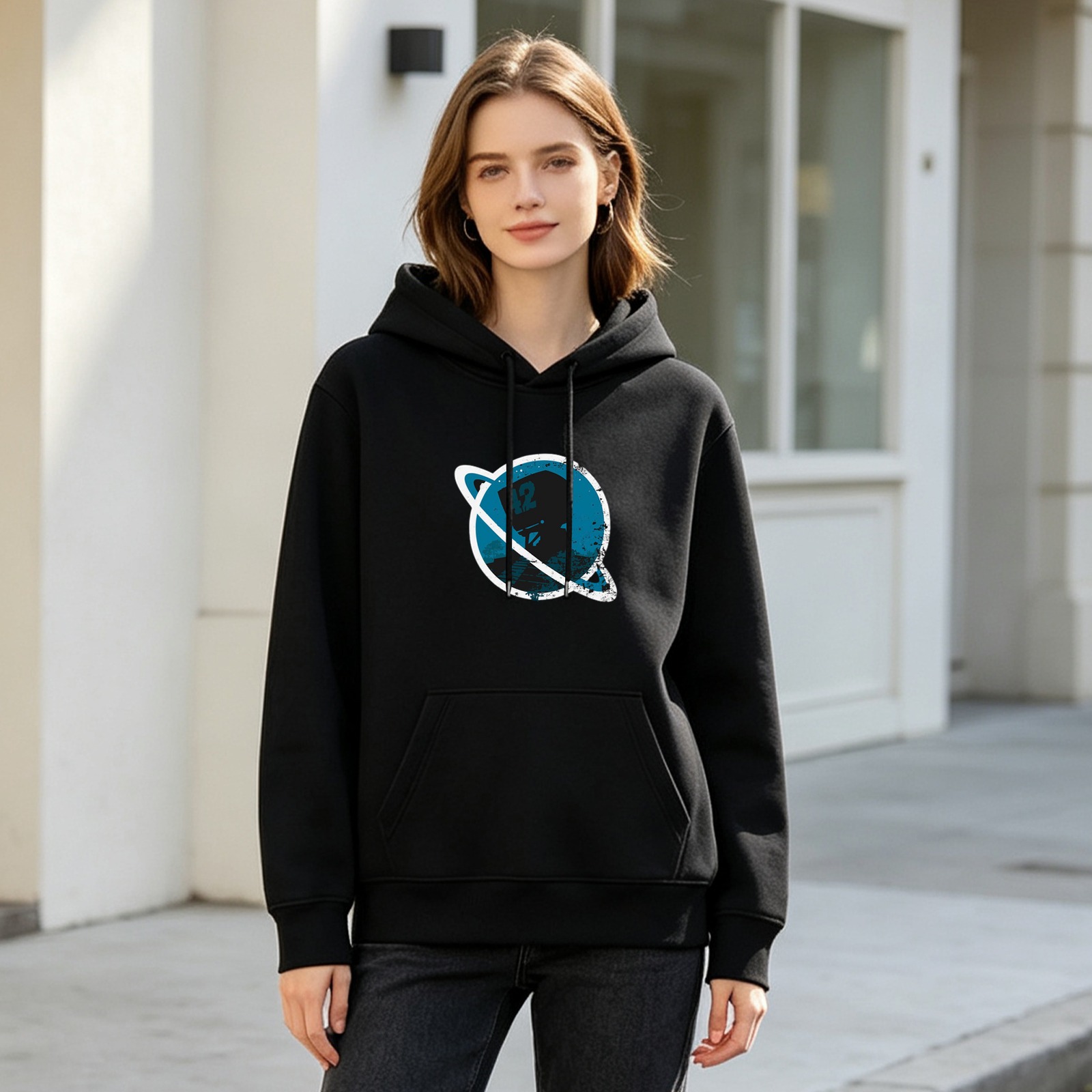 Black Hoodie with Distressed Space Astronaut Planet Graphic