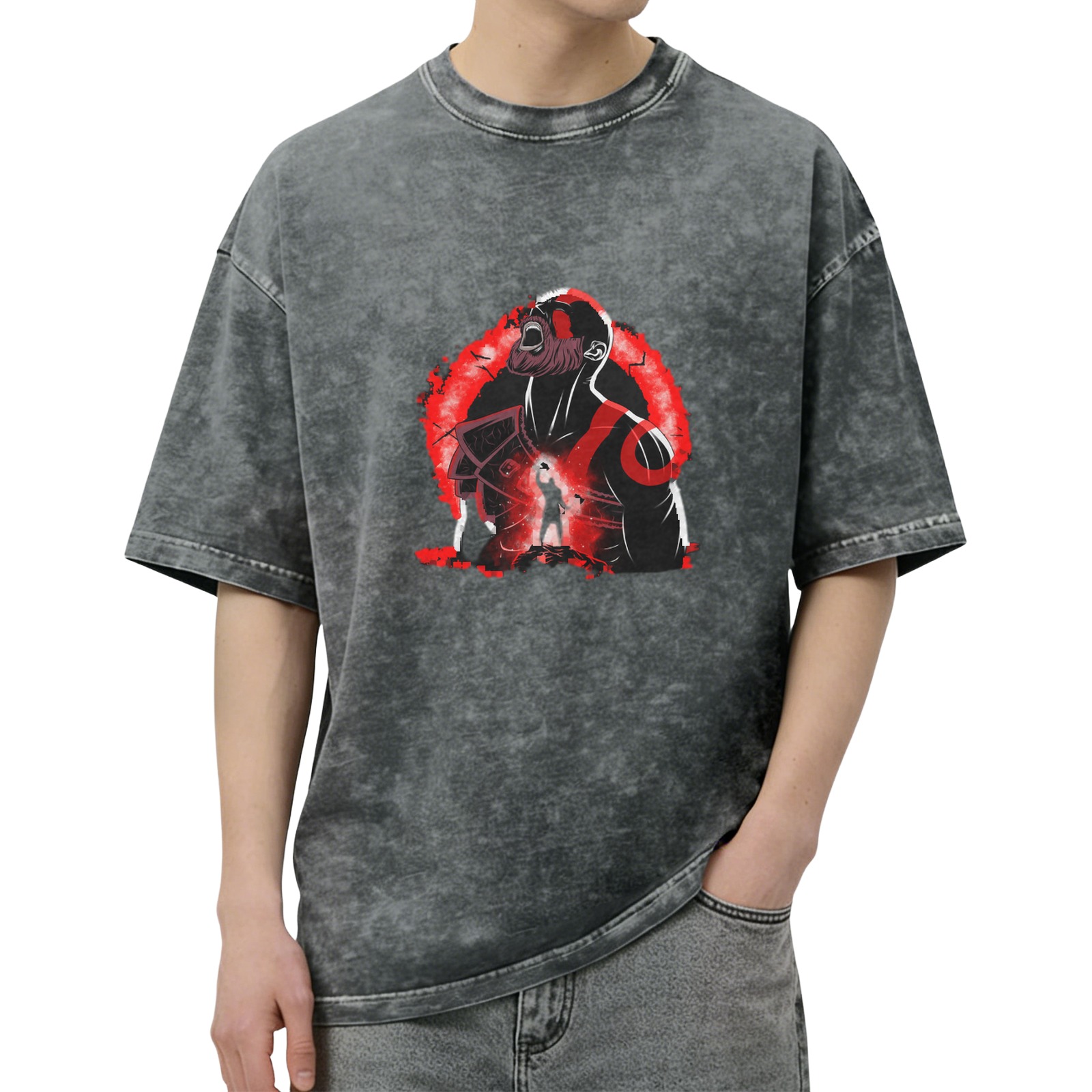 Oversized Stonewashed T-Shirt With Red Warrior Graphic Print