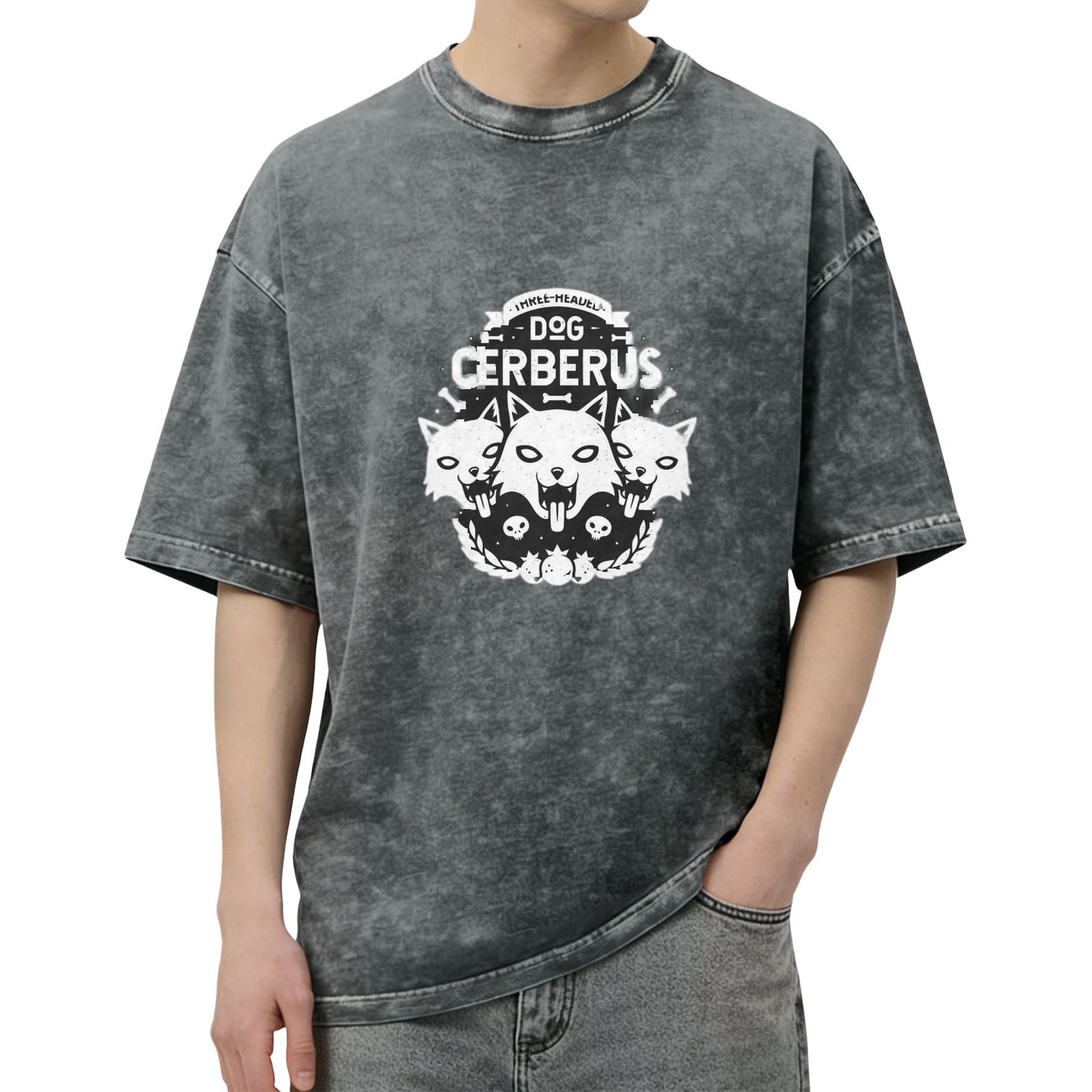 Oversized dark wash graphic t-shirt with three-headed Cerberus dog design