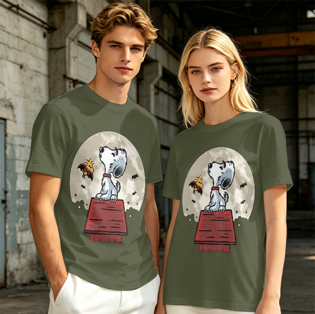 Snoopy and Woodstock on Doghouse Under Full Moon T-Shirt