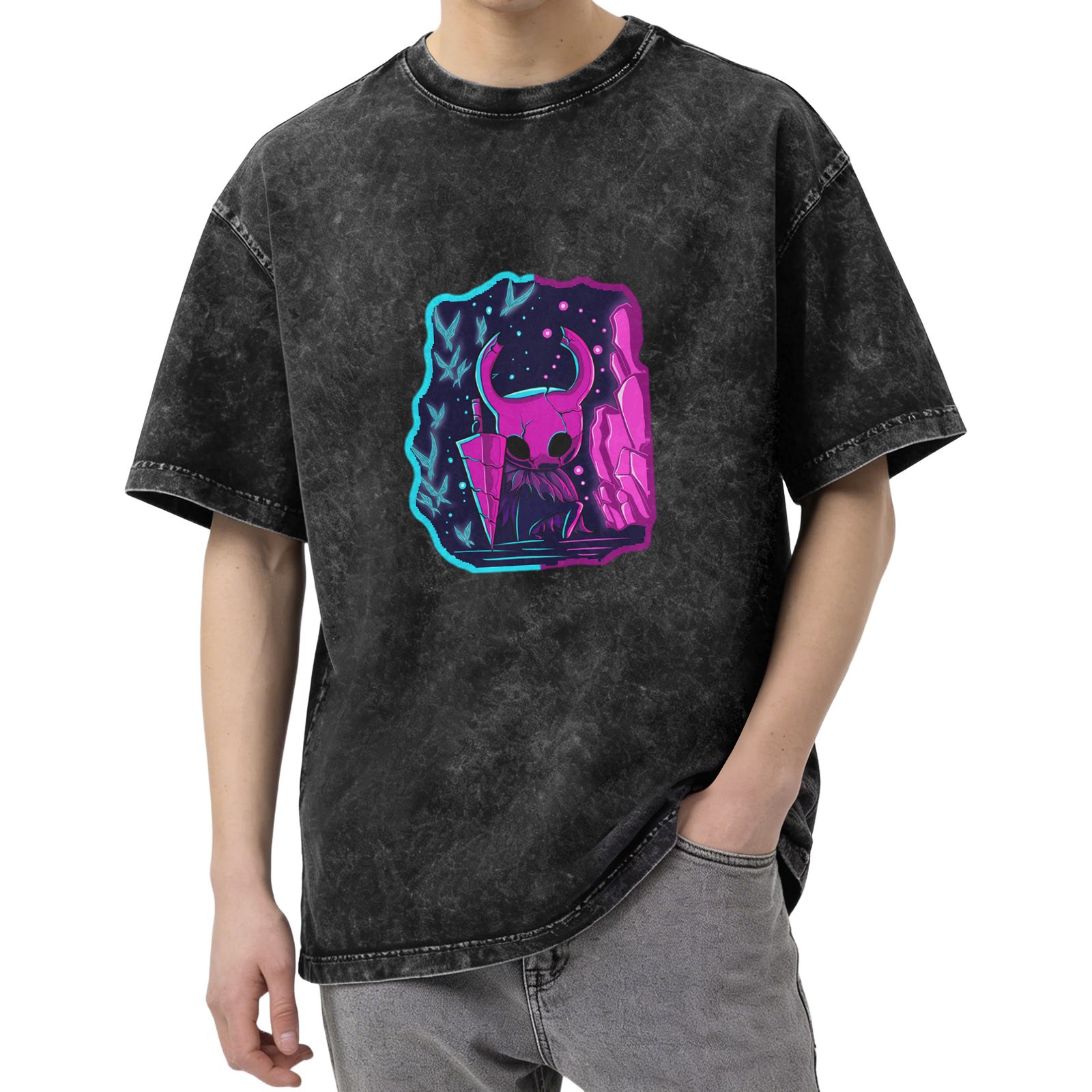 Hollow Knight neon style print distressed washed black loose short-sleeved T-shirt