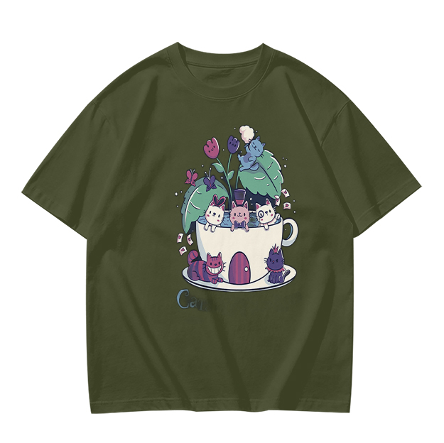 Olive T-Shirt With Whimsical Teacup Kitten Garden Print