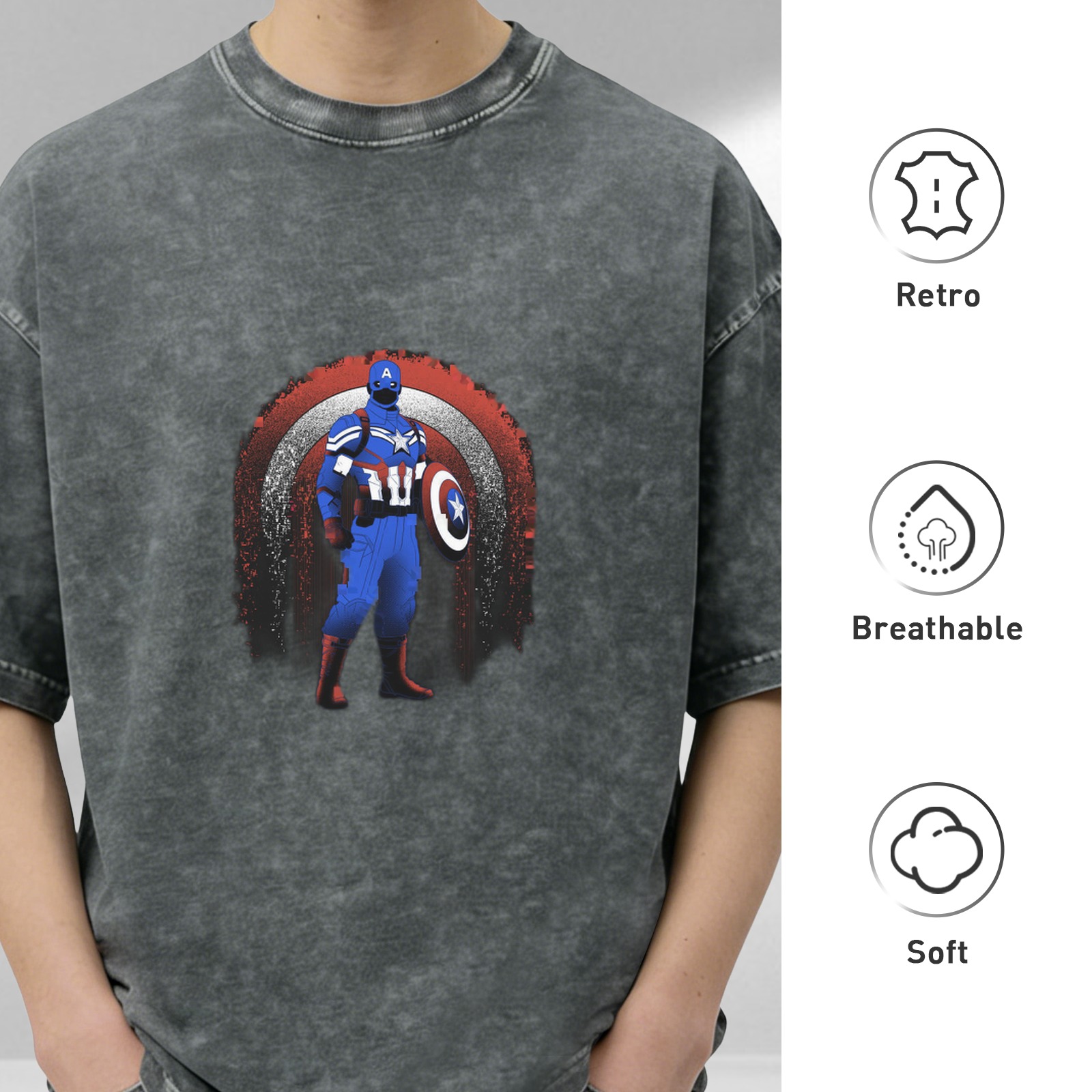 Washed Black T-Shirt with Captain America Graphic Print