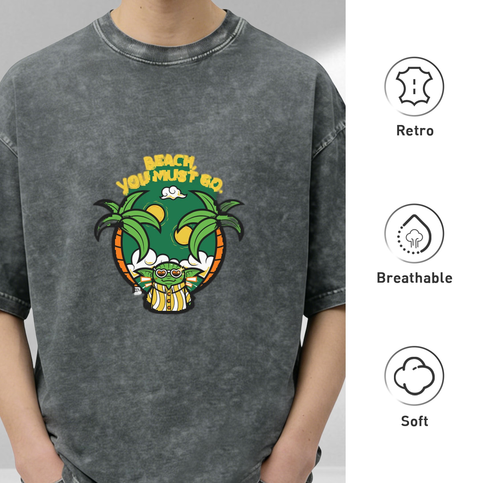 Washed black graphic t-shirt with beach Yoda 'Beach You Must Go' print