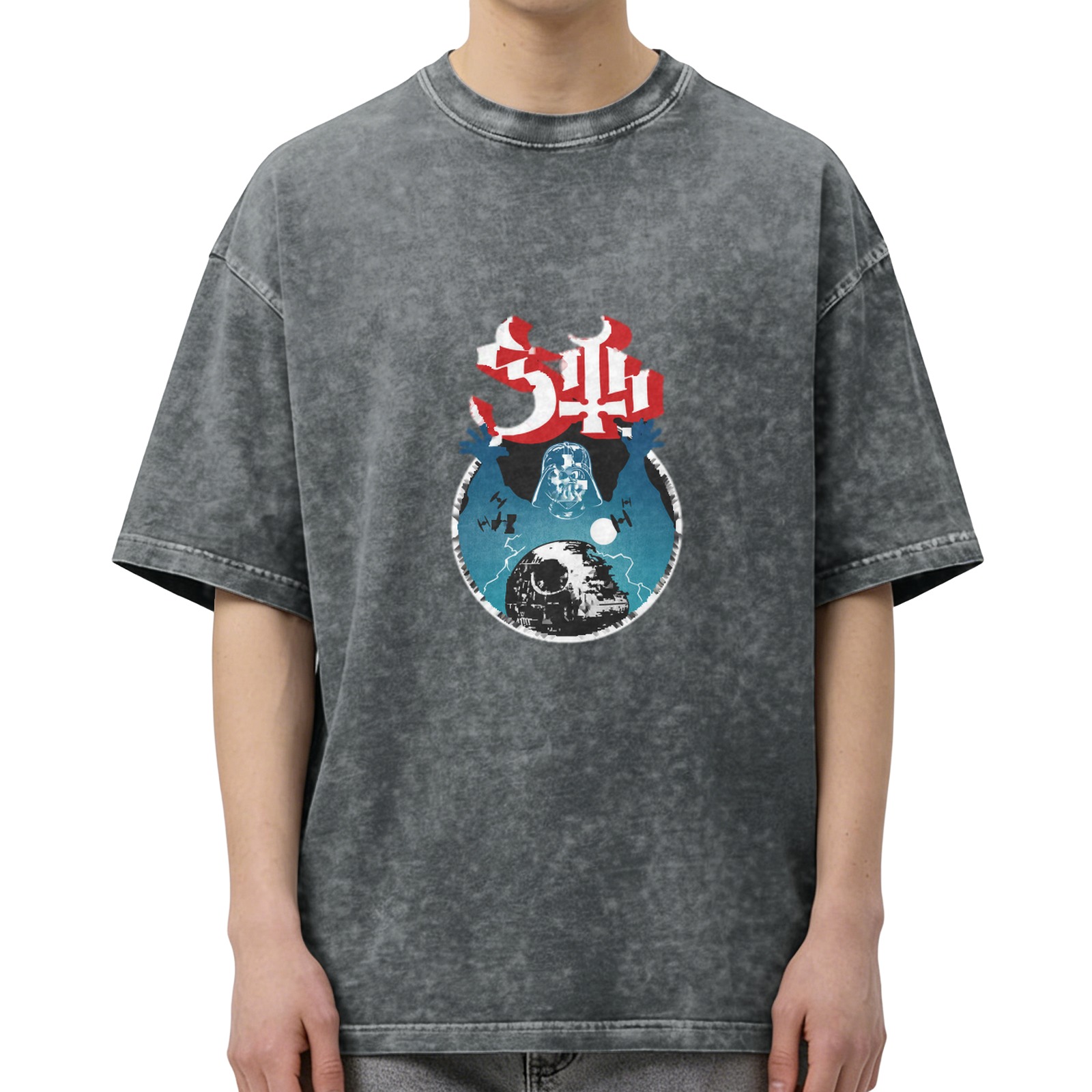 Oversized Acid Wash Graphic T-Shirt with Star Wars Darth Vader & Death Star Print