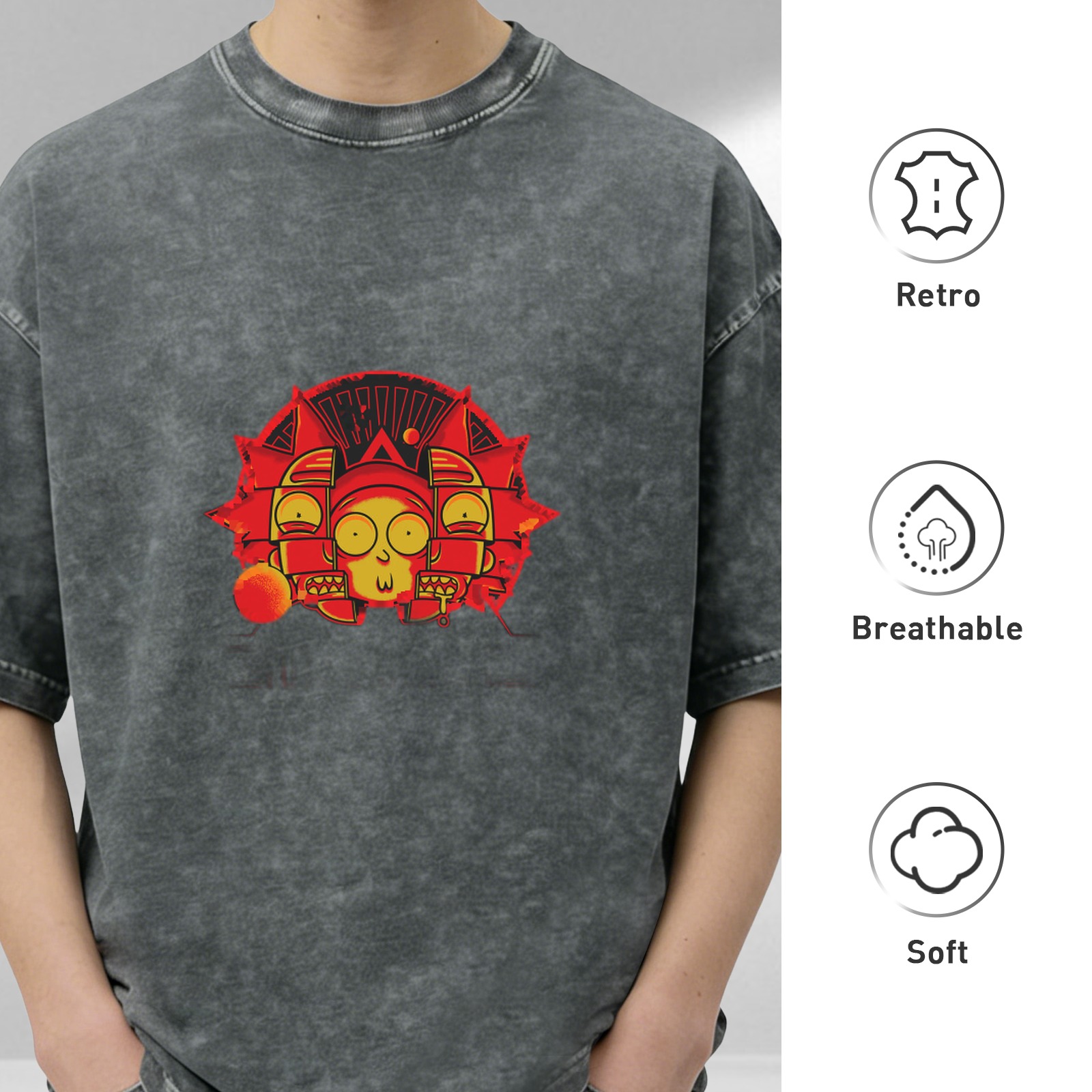 Washed Black T-Shirt With Red And Yellow Cartoon Graphic Print
