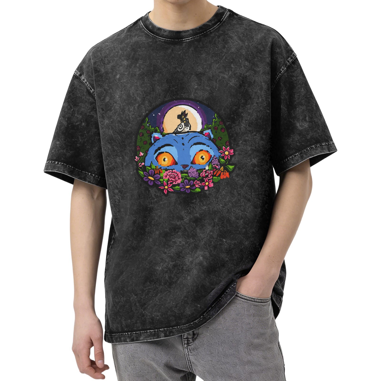 Washed Black T-Shirt With Blue Cat And Moon Floral Graphic