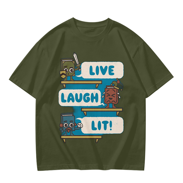 Olive T-Shirt With Cartoon Books 'Live Laugh Lit' Graphic