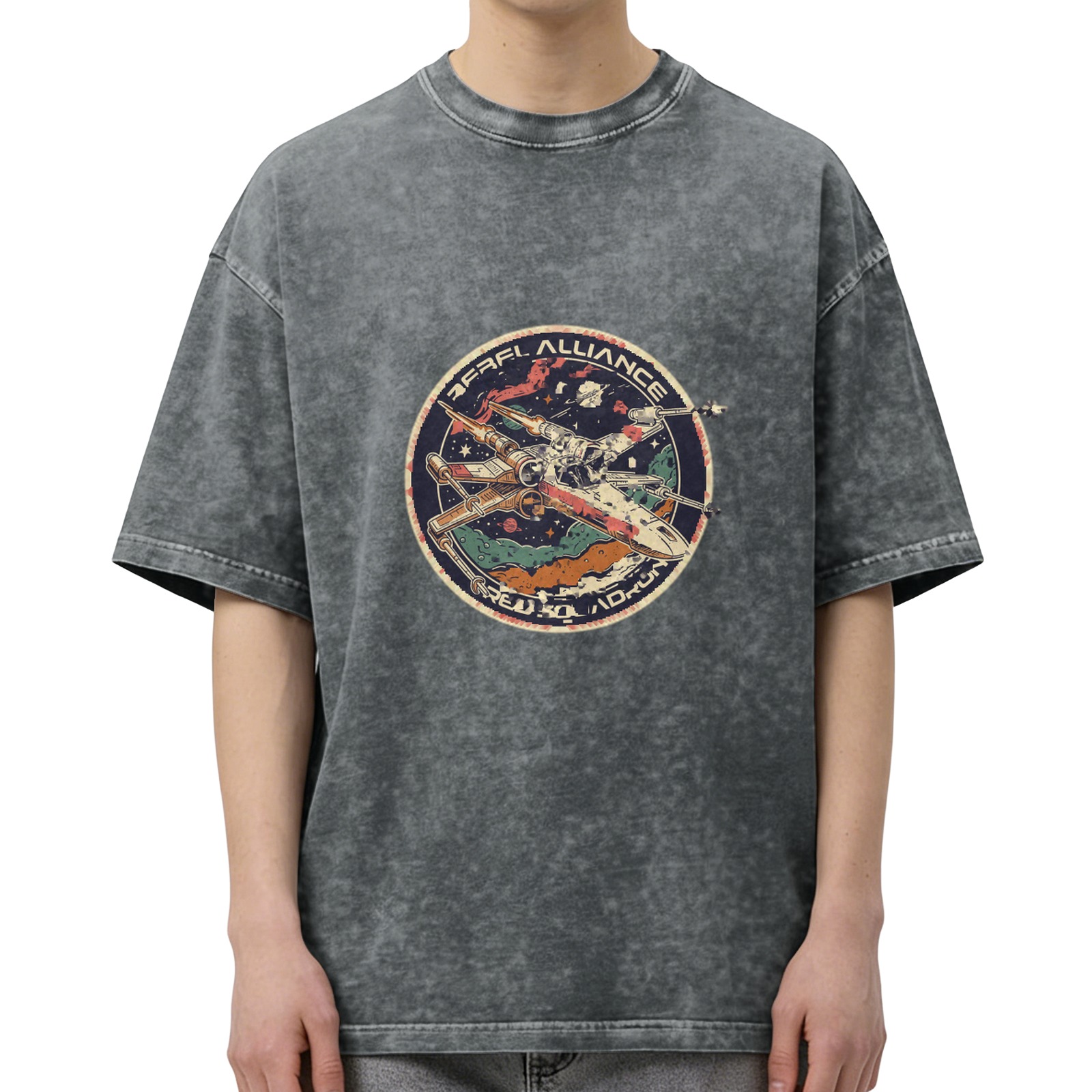 Distressed washed black round neck short-sleeved T-shirt Retro Space Alliance spaceship printed casual top