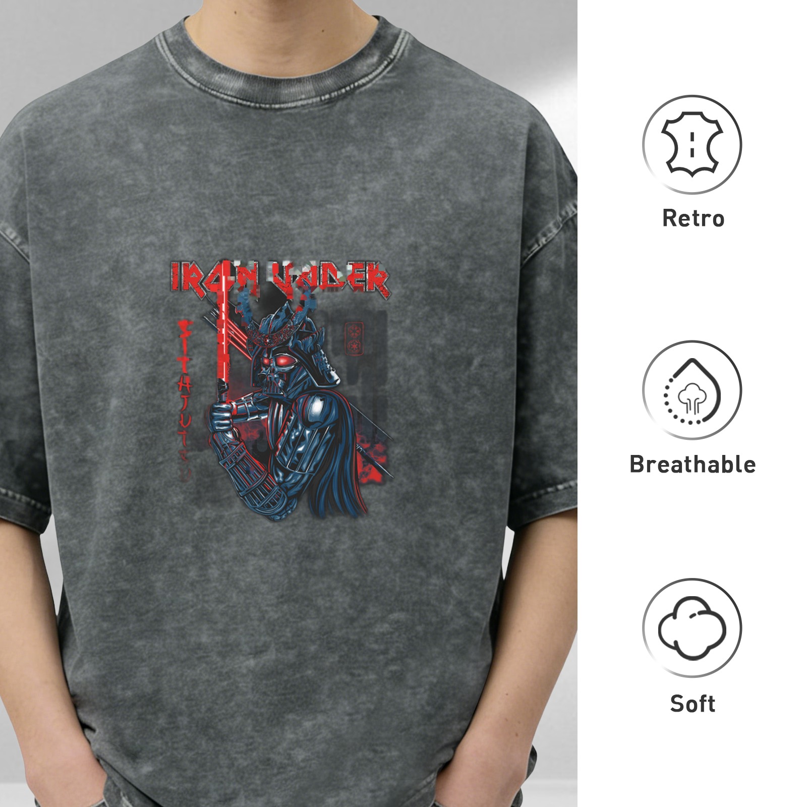 Oversized Acid Wash T-Shirt with Samurai Darth Vader Iron Vader Graphic