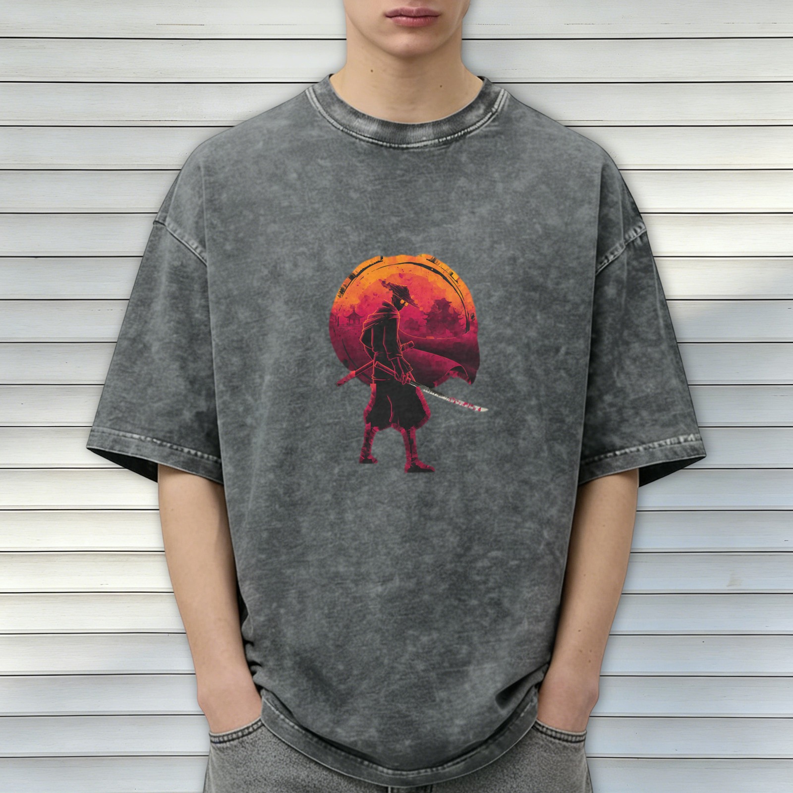 Oversized Acid Wash T-Shirt With Samurai Silhouette Sunset Print