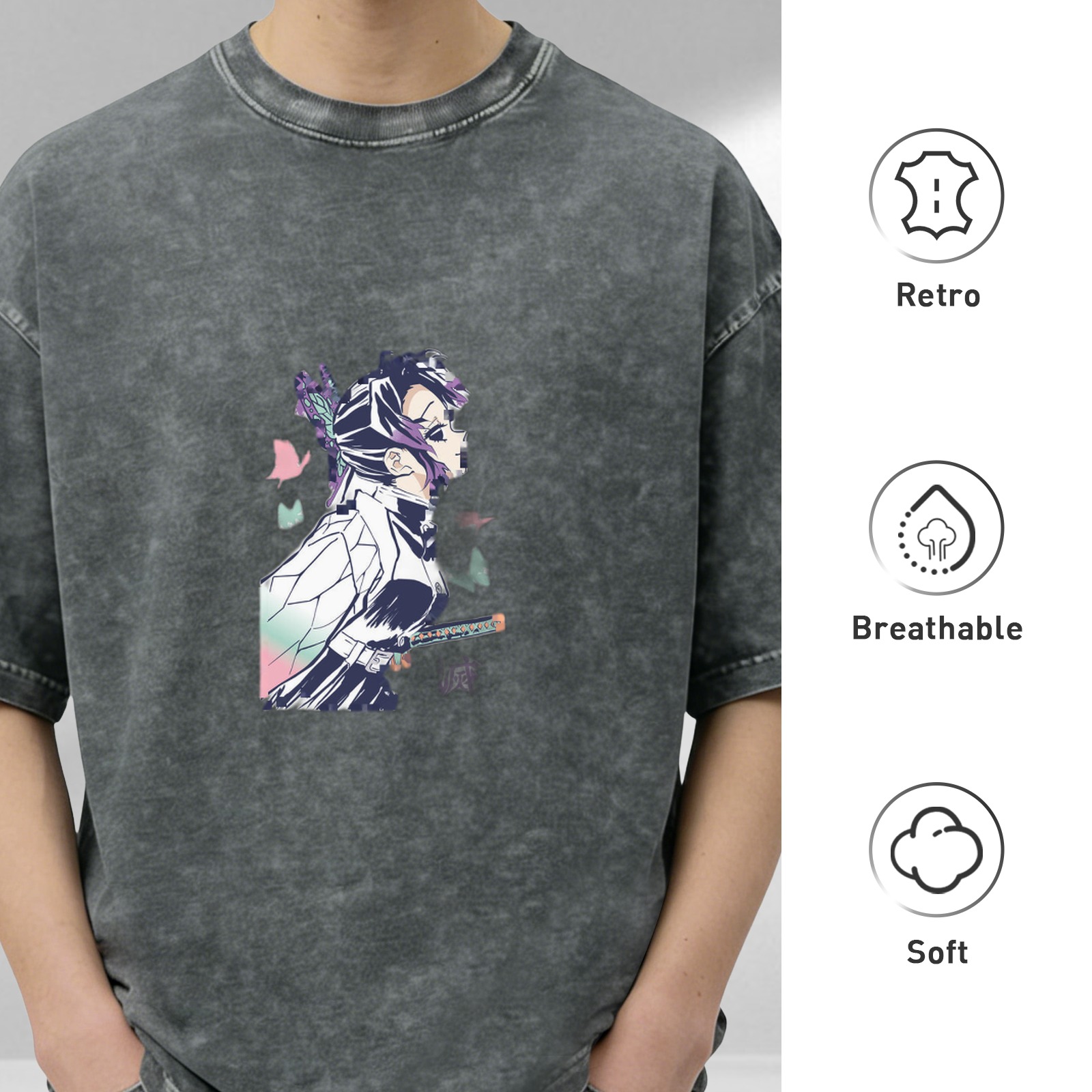 Oversized Vintage Wash Anime Graphic T-Shirt featuring Demon Slayer's Shinobu Kochou with Butterfly Motifs