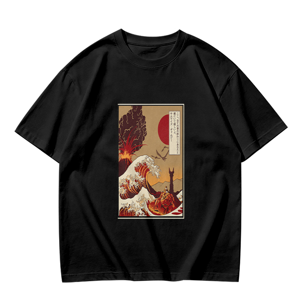 Olive T-Shirt with Ukiyo-e Style Wave and Volcano Print