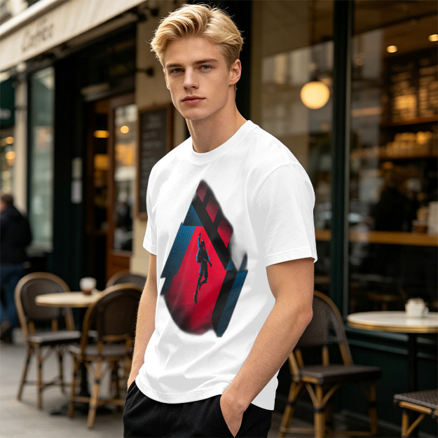 Olive T-shirt with Spider-Man mid-swing over city buildings