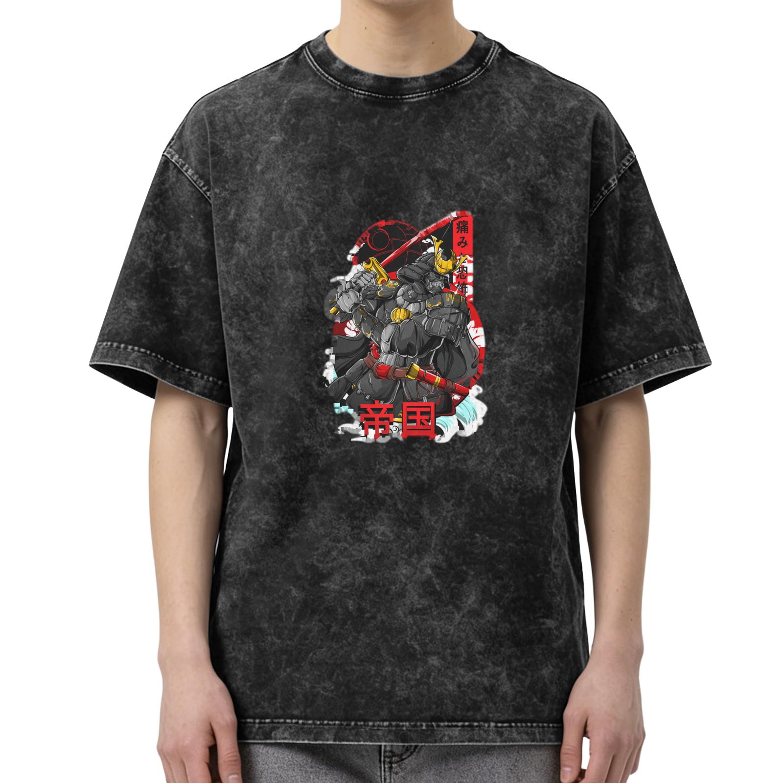 Oversized Black Acid Wash T-Shirt with Japanese Samurai Graphic Print