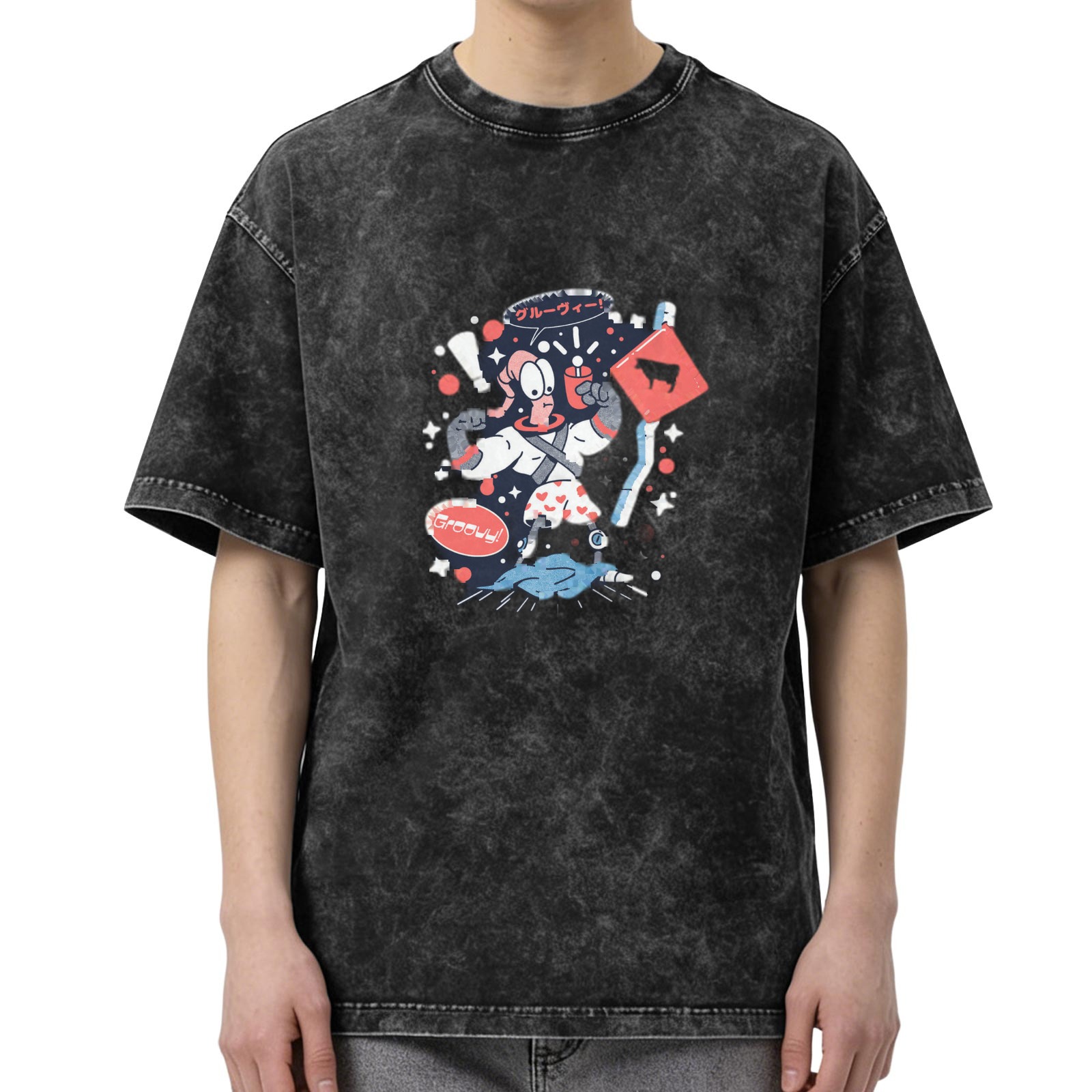 Washed black graphic t-shirt with retro cartoon space character print