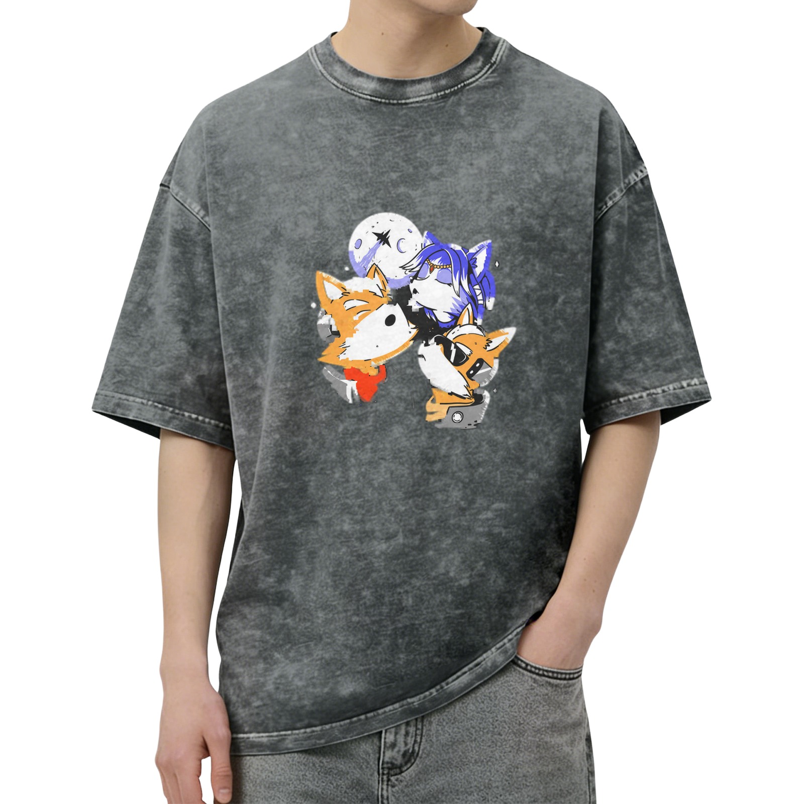 Oversized Acid Wash T-Shirt With Space Fox Cartoon Graphic Print