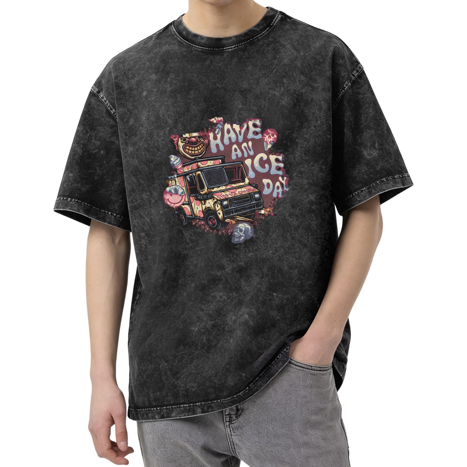 Oversized Acid Wash T-Shirt With Creepy Clown Ice Cream Truck Print