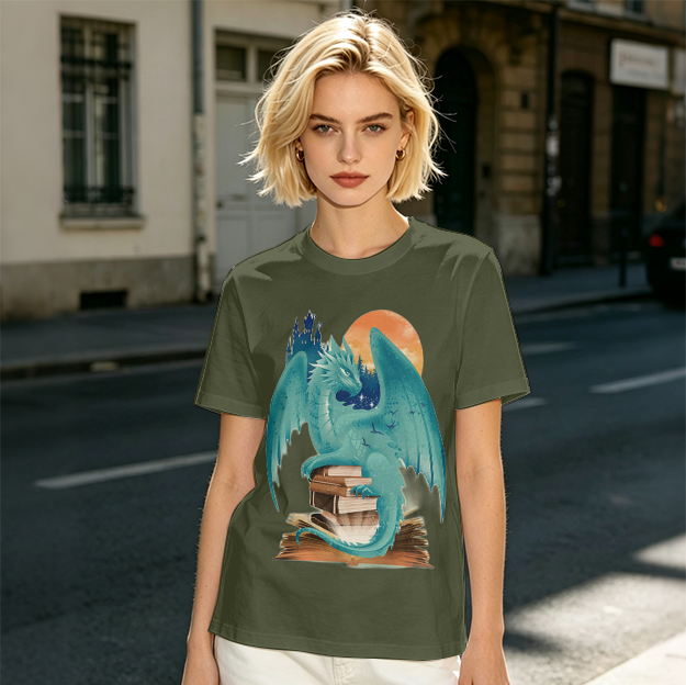 Teal Dragon Perched on Stacked Books Fantasy Graphic T-Shirt
