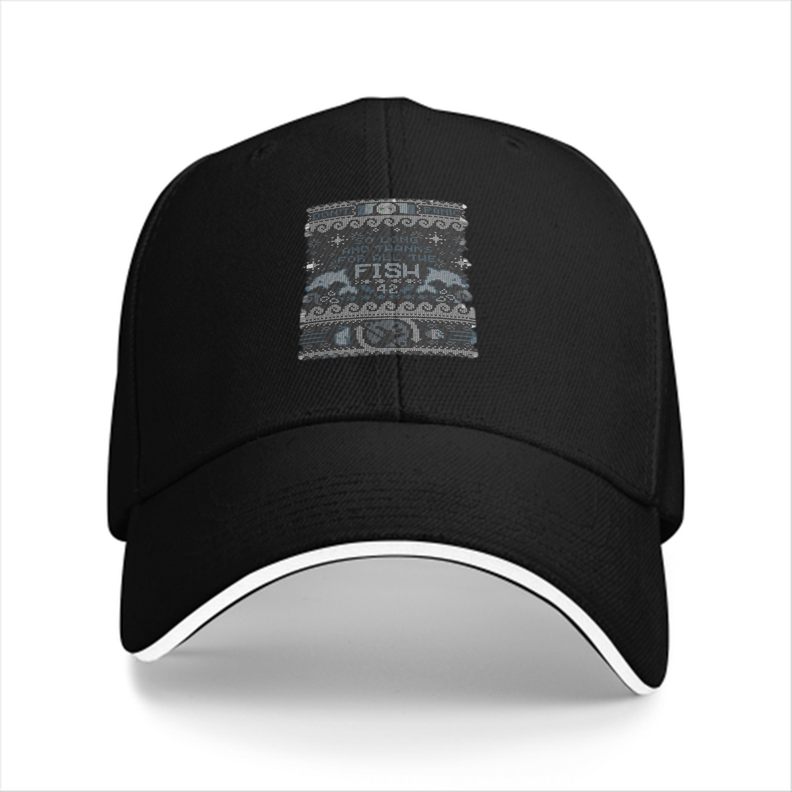 Black Baseball Cap With Nautical Themed Fish Graphic Print