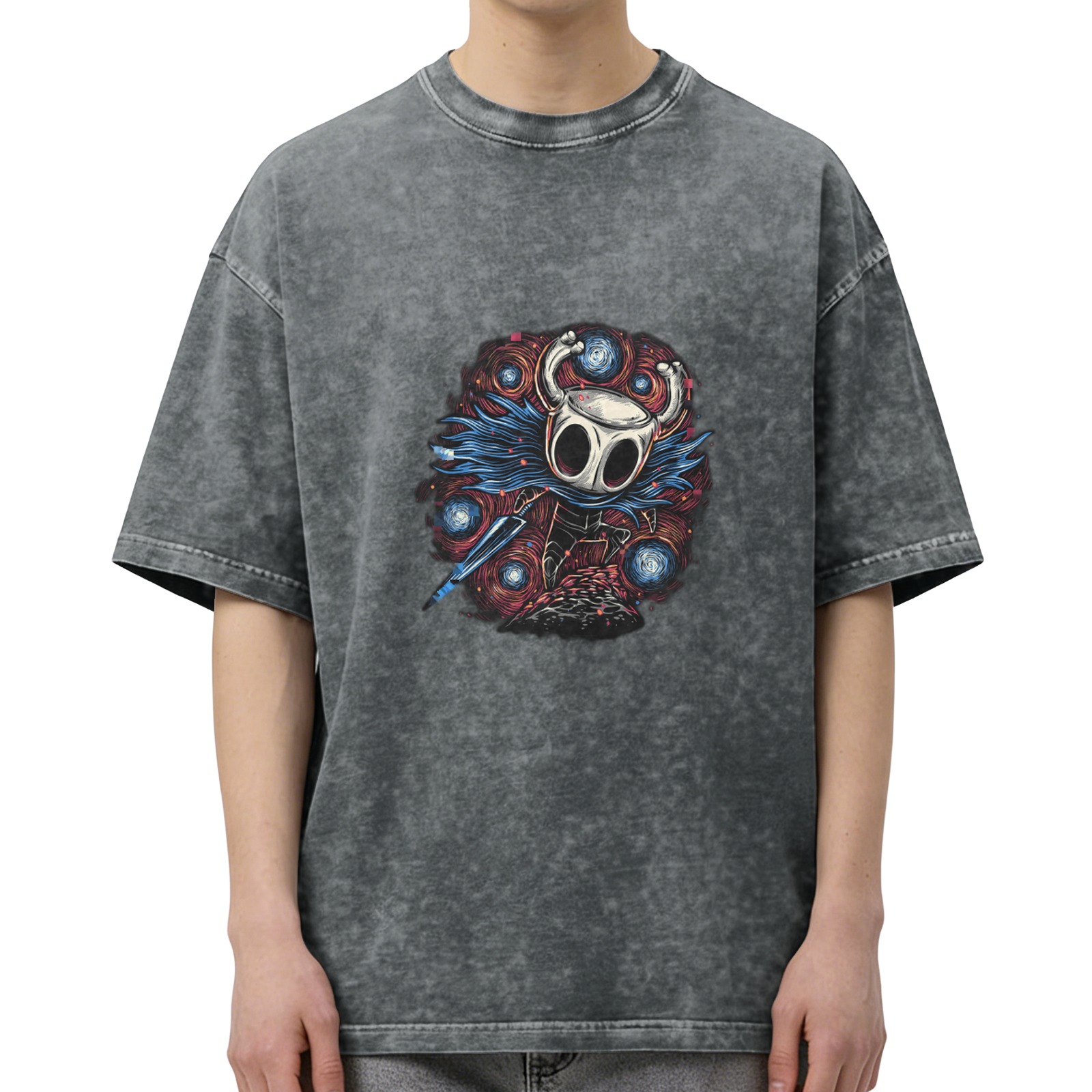 Oversized Dark Wash T-Shirt With Hollow Knight Artwork Print