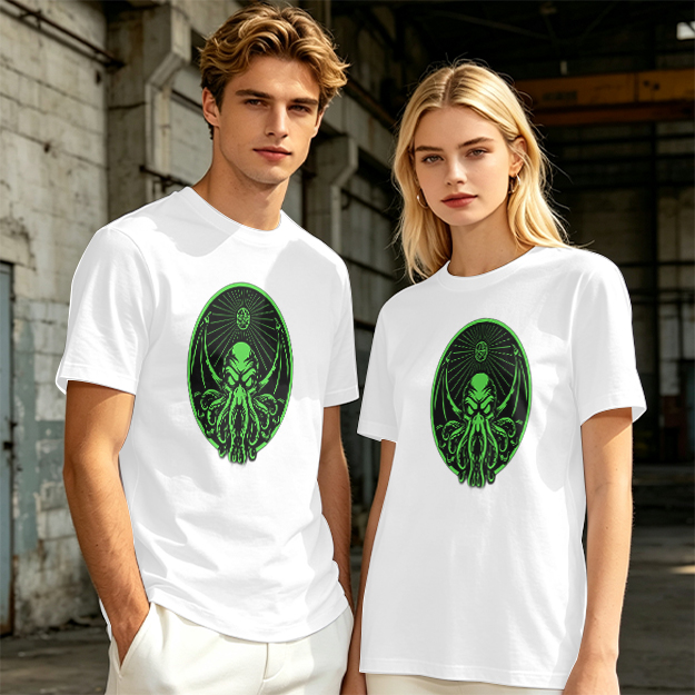 Olive Green T-Shirt With Glowing Green Cthulhu Graphic Print