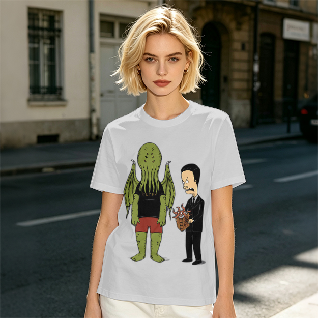 Olive T-Shirt Featuring Cthulhu and Beavis in Suits Graphic