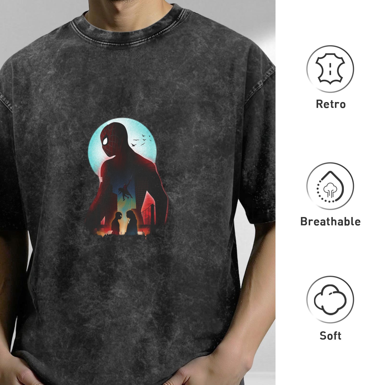 Washed Black T-Shirt with Spider-Man Silhouette Graphic
