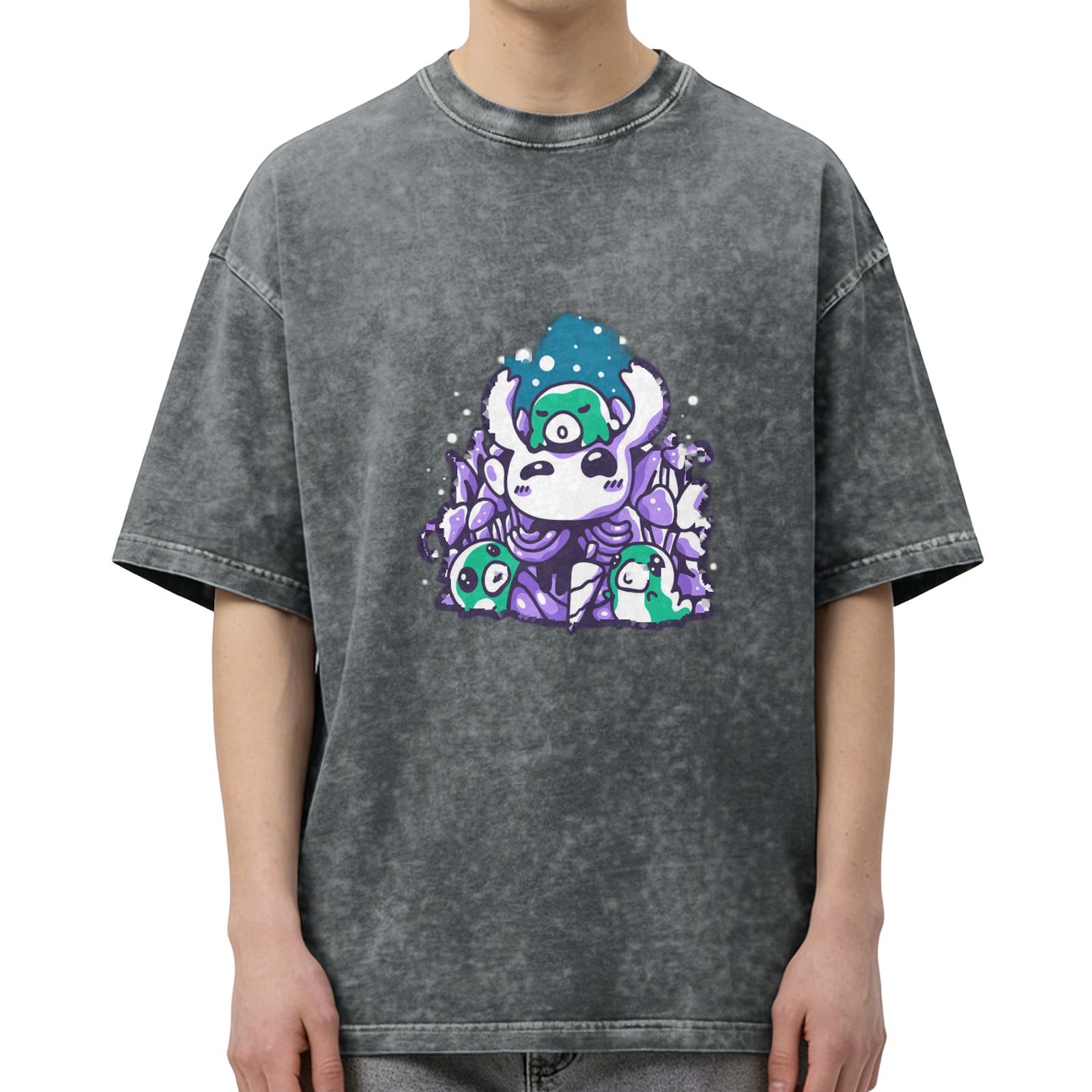 Oversized dark acid wash t-shirt with cute cartoon ghost and slime graphic