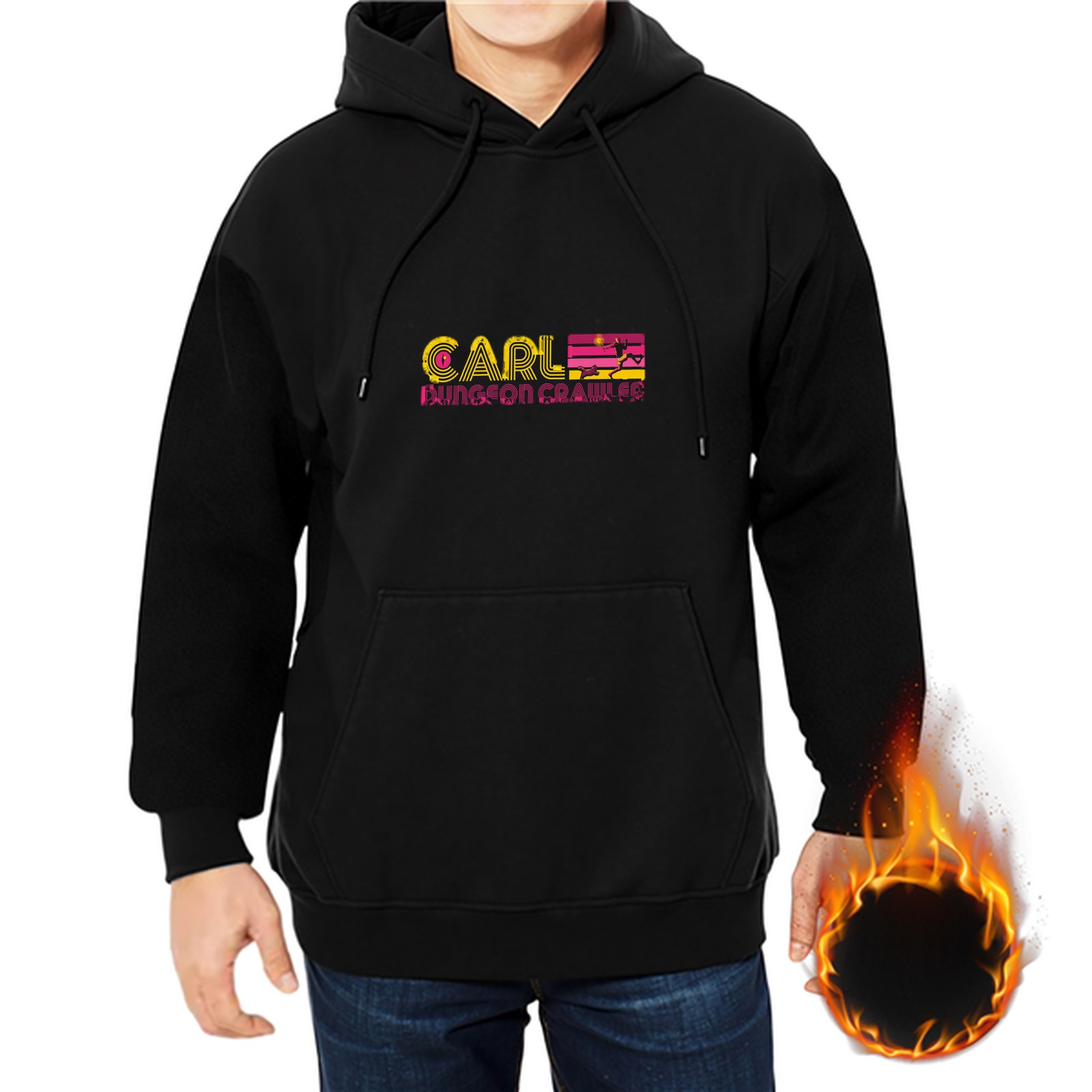 Black hoodie with colorful graphic text print on chest