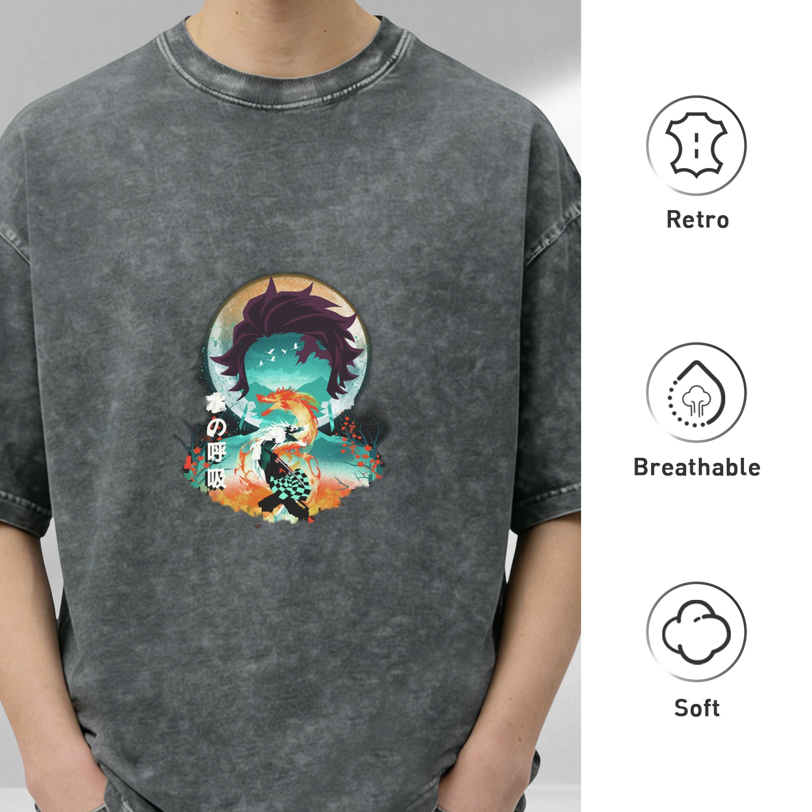 Demon Slayer Tanjiro Water Breathing Anime Graphic Oversized Acid Wash T-Shirt