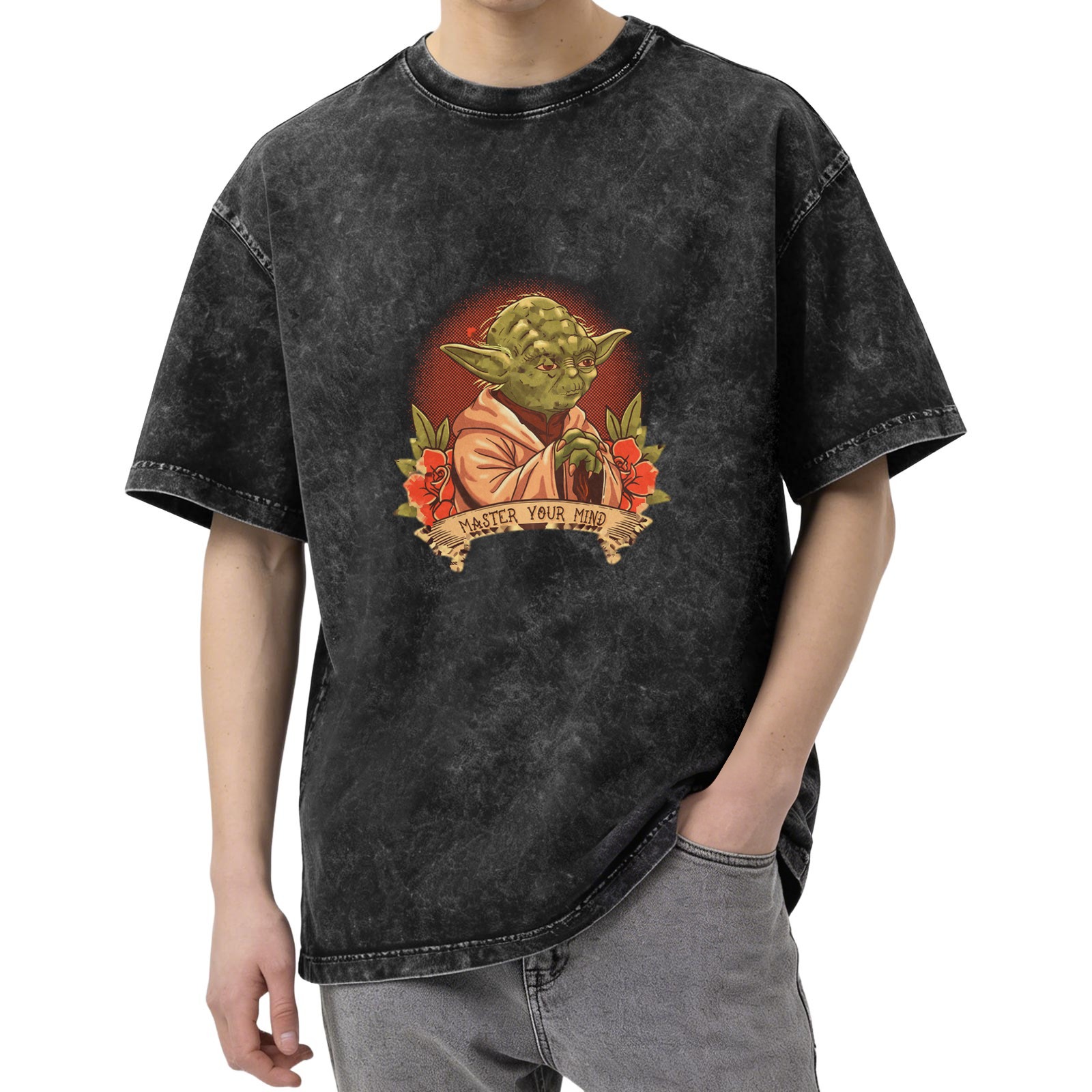 Washed cotton t-shirt with Yoda 'Master Your Mind' graphic print