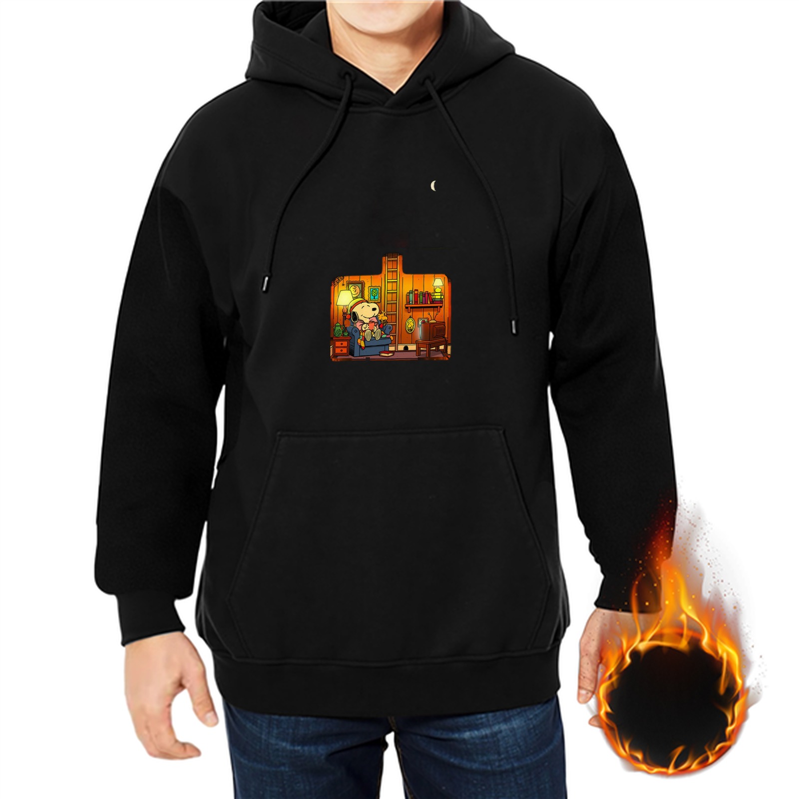 Black Hoodie With Cozy Cartoon Room Scene Print