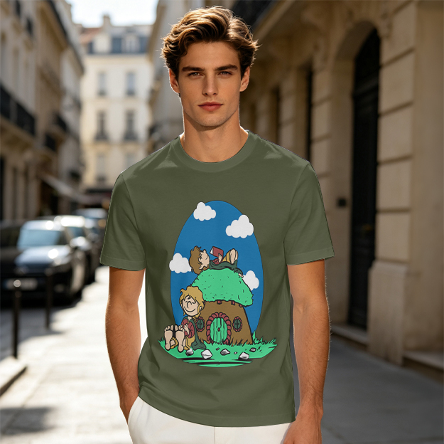 Olive T-Shirt with Hobbit Style Illustration of Two Hobbits Near a Hill House