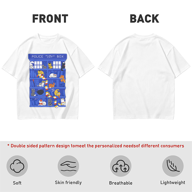 Olive T-Shirt with Police Box and Playful Cats Graphic