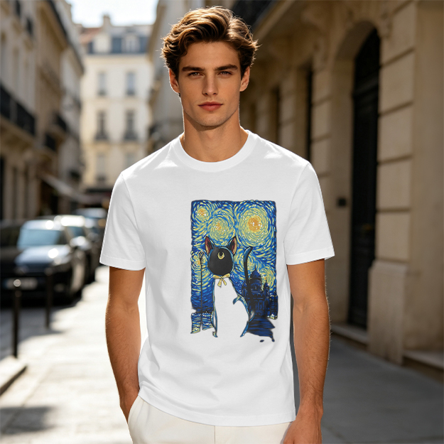 Olive T-Shirt with Starry Night Cat Art Print