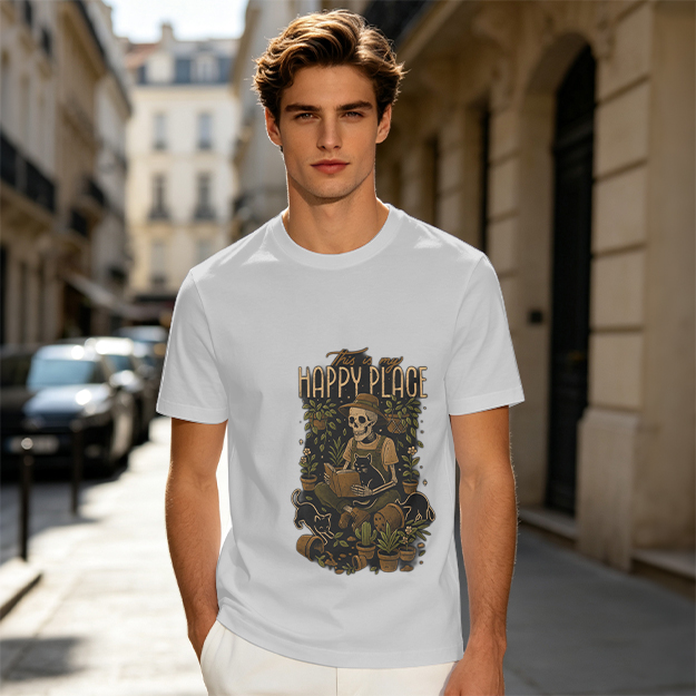 Happy Place Skeleton Gardener Cat Plant Lover T-Shirt