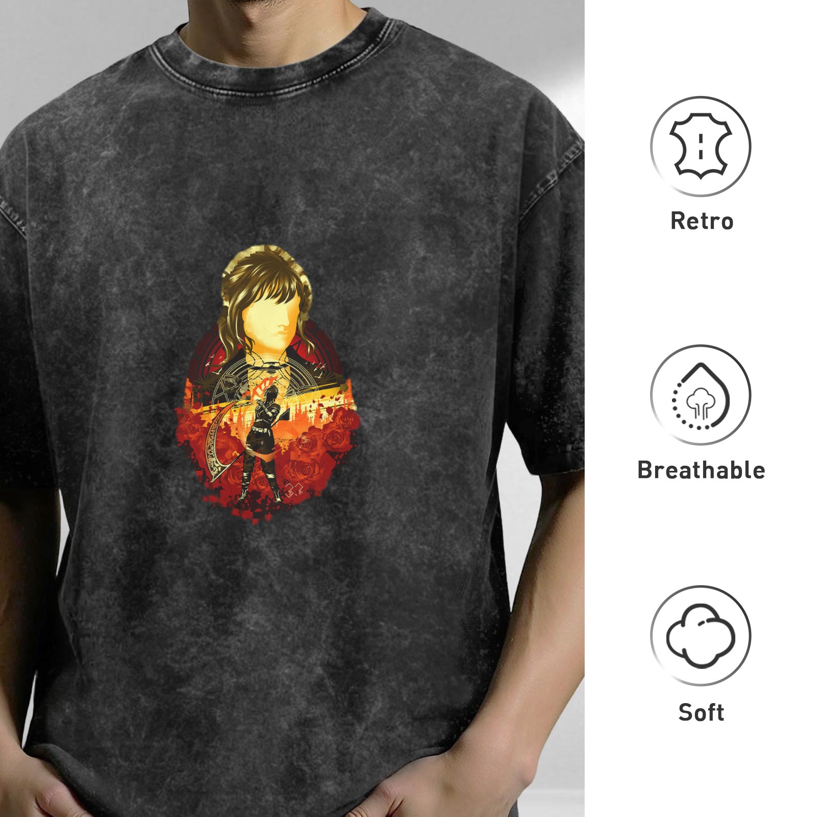 Washed Black Oversized T-Shirt With Fantasy Archer Graphic Print
