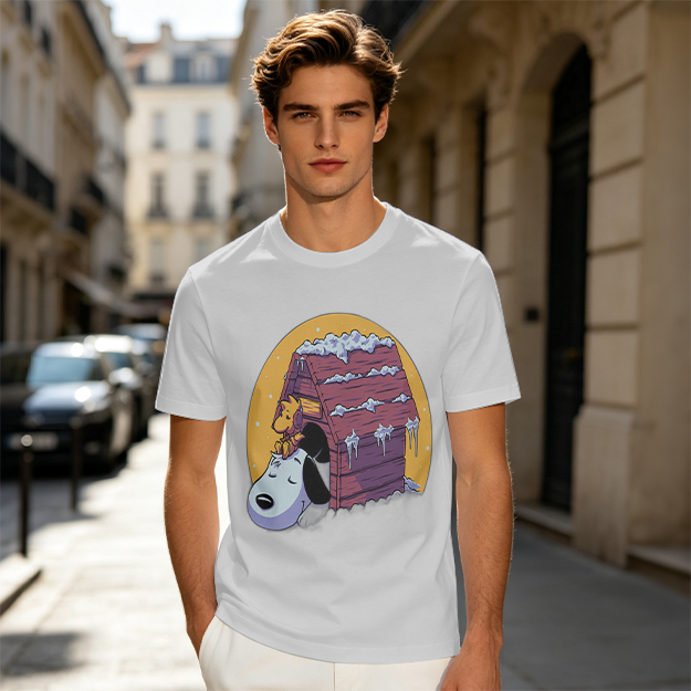 Olive T-shirt with Snoopy and Woodstock at snow-covered doghouse