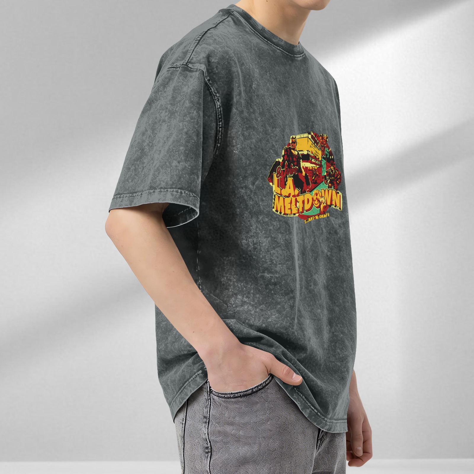 L.A. Meltdown Graphic Acid Wash Black Oversized T-Shirt