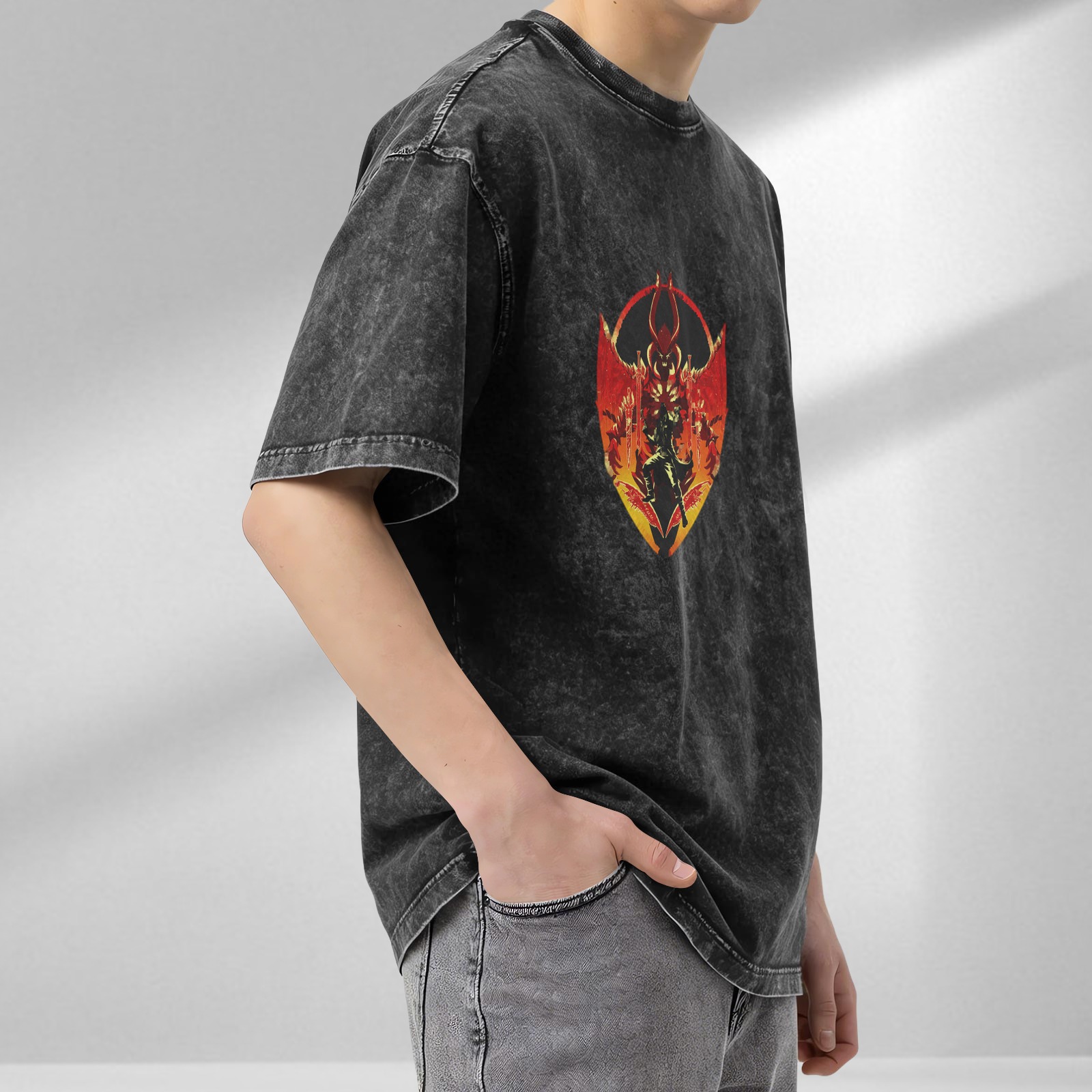 Washed Black Graphic T-Shirt With Fiery Demon Emblem Design